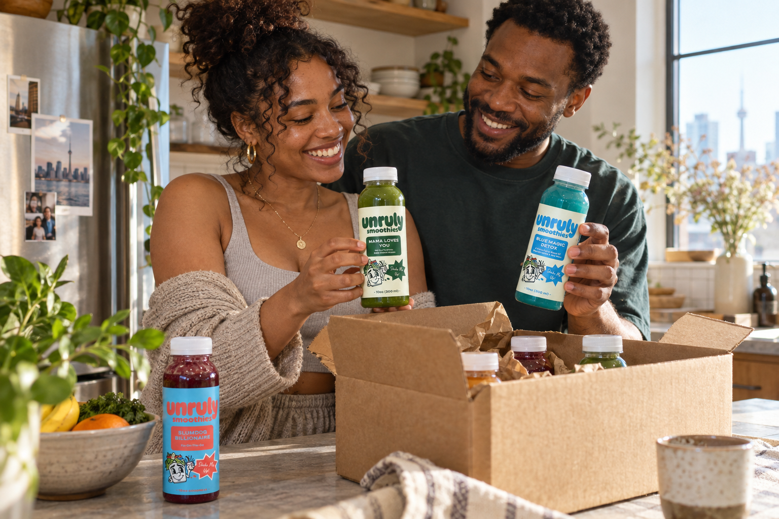 7-day cleanse lifestyle photo with people holding Unruly juices